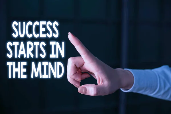 Writing note showing Success Starts In The Mind. Business photo showcasing set your mind to positivity it can go a long way Finger pointing in the Dark with hand pointing in the copy space. — Stock Photo, Image