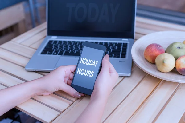 Conceptual hand writing showing Holiday Hours. Business photo showcasing Schedule 24 or7 Half Day Today Last Minute Late Closing woman with laptop smartphone and office supplies technology. — Stock Photo, Image