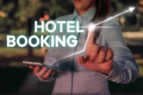 Koncepcyjny pismo ręczne pokazujące Hotel Booking. Business Photo tekst rezerwacje online Apartament Prezydencki de Luxe Hospitality. — Zdjęcie stockowe