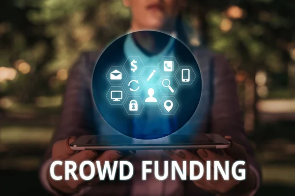 Textový nápis ukazující davové financování. Konceptuální foto Fundraising Kickstarter Startup Pledge Platform Dary. — Stock fotografie