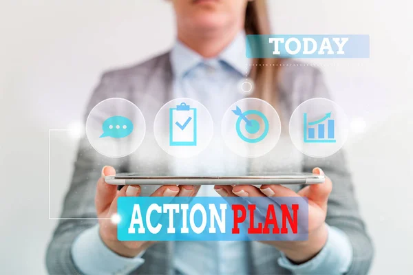 Handwriting text writing Action Plan. Concept meaning detailed plan outlining actions needed to reach goals or vision Female human wear formal work suit presenting presentation use smart device. — Stock Photo, Image