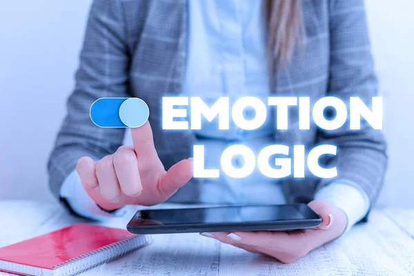Conceptual hand writing showing Emotion Logic. Business photo showcasing Heart or Brain Soul or Intelligence Confusion Equal Balance Business concept with communication mobile phone.