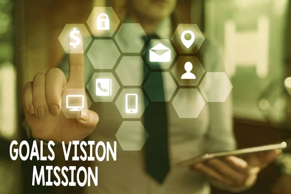 Word Writing Text Ziele Vision Mission. Geschäftskonzept für praktischen Planungsprozess zur Unterstützung der Community-Gruppe. — Stockfoto