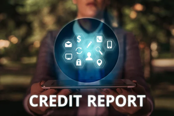 Textzeichen mit Credit Report. Konzeptfoto Kreditaufnahme Rap Sheet Bill und Dues Payment Score Debt History. — Stockfoto