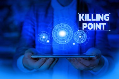 Killing Point'te el yazısı metin yazısı. Kavram anlamı Faz Sonu İnceleme Sahne Kapısı Proje Değerlendirme No Go Woman akıllı cihaz kullanarak sunum sunan resmi iş elbisesi giymek.