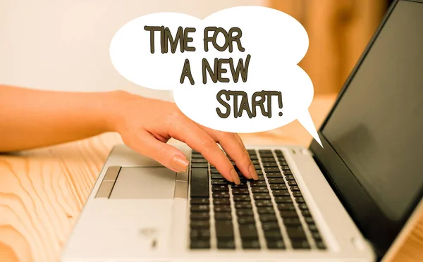 Writing note showing Time For A New Start. Business photo showcasing something is supposed to begin right now Fresh job woman with laptop smartphone and office supplies technology.