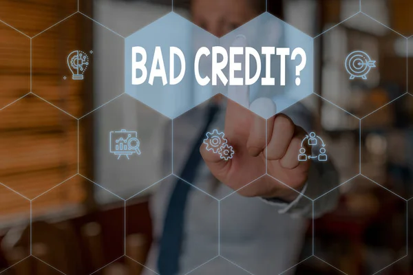 Conceptual hand writing showing Bad Creditquestion. Business photo text inabilityof a demonstrating to repay a debt on time and in full Woman wear work suit presenting presentation smart device. — Stock Photo, Image
