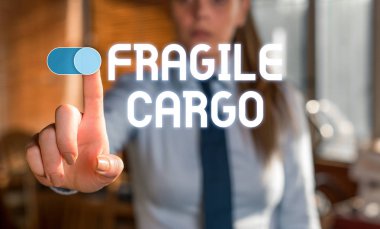 Fragile Cargo'yu gösteren bir metin işareti. Bakım Bubble Wrap Cam Tehlikeli Maddeler ile Kavramsal fotoğraf Kırılabilir Kolu boş alanda parmak ile işaret arka planda bulanık kadın.