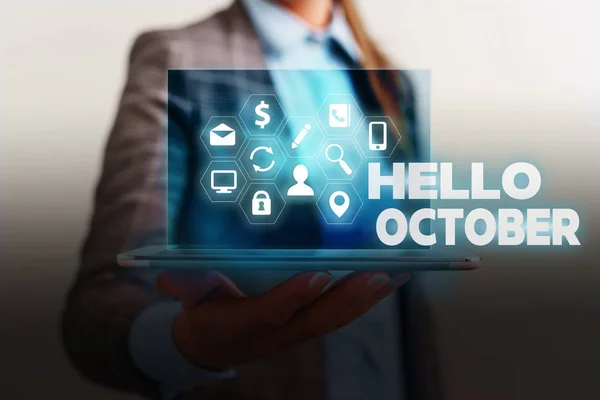 Handschriftliches Textschreiben Hallo Oktober. Konzept bedeutet Letztes Viertel Zehnter Monat 30 Tage Saisongruß. — Stockfoto