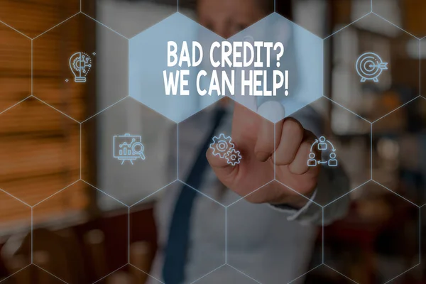 Conceptual hand writing showing Bad Creditquestion We Can Help. Business photo text offerr help to gain positive payment history Woman wear work suit presenting presentation smart device. — Stock Photo, Image