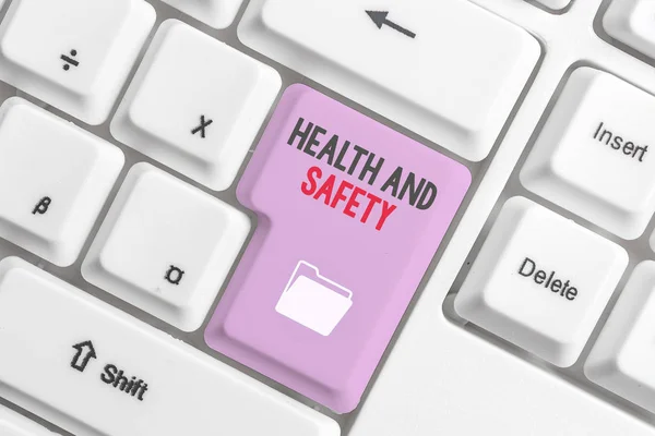Handwriting text Health And Safety. Concept meaning procedures intended to prevent accident in workplace White pc keyboard with empty note paper above white background key copy space.