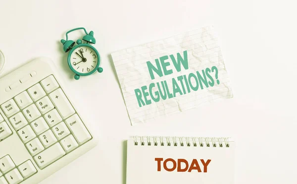 Text sign showing New Regulations Question. Conceptual photo rules made government order control way something is done Blank paper with copy space on the table with clock and pc keyboard. — Stock Photo, Image