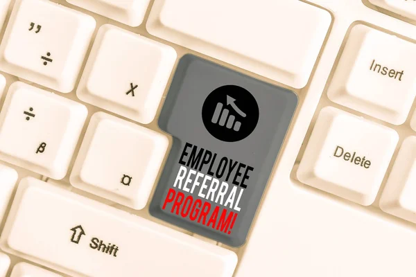 Handwriting text Employee Referral Program. Concept meaning internal recruitment method employed by organizations White pc keyboard with empty note paper above white background key copy space.