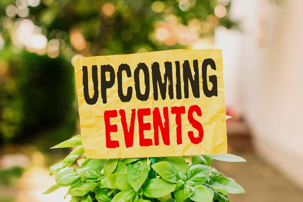 Word writing text Upcoming Events. Business concept for the approaching planned public or social occasions Plain empty paper attached to a stick and placed in the green leafy plants.