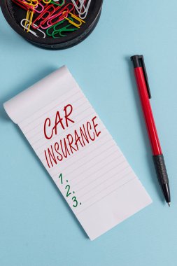 Writing note showing Car Insurance. Business photo showcasing Accidents coverage Comprehensive Policy Motor Vehicle Guaranty Notebook and stationary with mouse above pastel backdrop. clipart