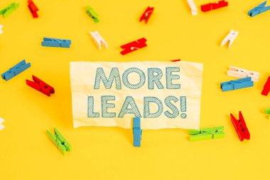 Daha Fazla Müşteri Adayı gösteren not yazma. Tüketici ilgi veya ürün renkli clothespin kağıtları boş hatırlatma sarı zemin arka plan ofis içine soruşturma başlatılması vitrine.