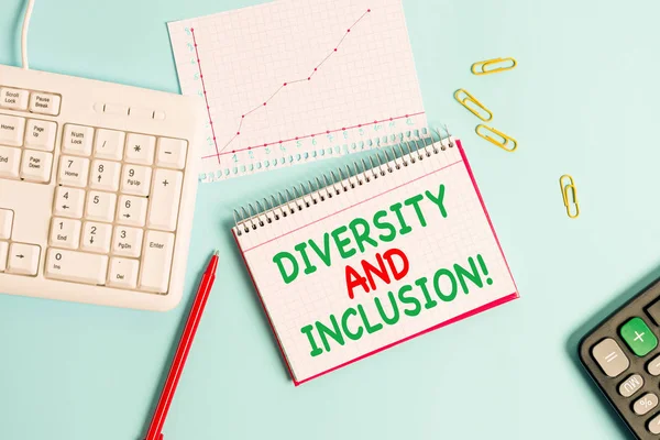 Conceptual hand writing showing Diversity And Inclusion. Business photo text range huanalysis difference includes race ethnicity gender Paper blue keyboard office study notebook chart numbers memo.