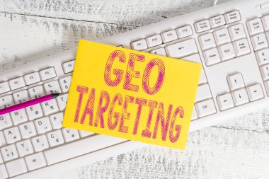 Coğrafi Hedefleme'yi gösteren metin işareti. Kavramsal fotoğraf Dijital Reklamlar Görünümler Ip Adres Adwords Kampanyalar Konum Beyaz klavye ofis malzemeleri boş dikdörtgen şekilli kağıt hatırlatma ahşap.
