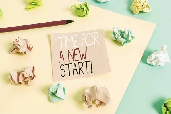 Writing note showing Time For A New Start. Business photo showcasing something is supposed to begin right now Fresh job Colored crumpled papers empty reminder blue yellow clothespin. — Stock Photo, Image