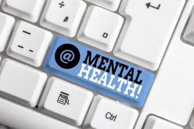 Ruh Sağlığını gösteren bir metin işareti. Kavramsal fotoğraf gösteren durum onların psikolojik iyi beyaz arka plan tuşu kopya alanı üzerinde boş not kağıdı ile Beyaz pc klavye olmak.