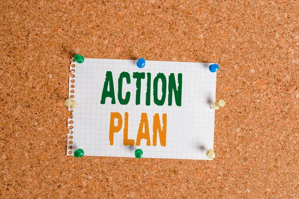 Writing note showing Action Plan. Business photo showcasing detailed plan outlining actions needed to reach goals or vision Corkboard size paper thumbtack sheet billboard notice board.
