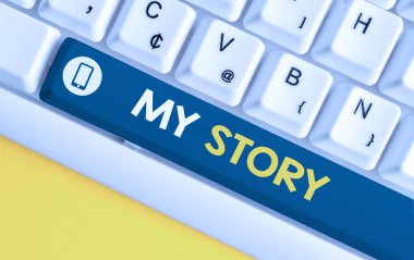 Kelime yazma metni My Story. Beyaz arka plan tuşu kopyalama alanı üzerinde boş not kağıdı ile hayatta birinin başına gelen şeyler veya durumlar için Iş konsepti Beyaz pc klavye.