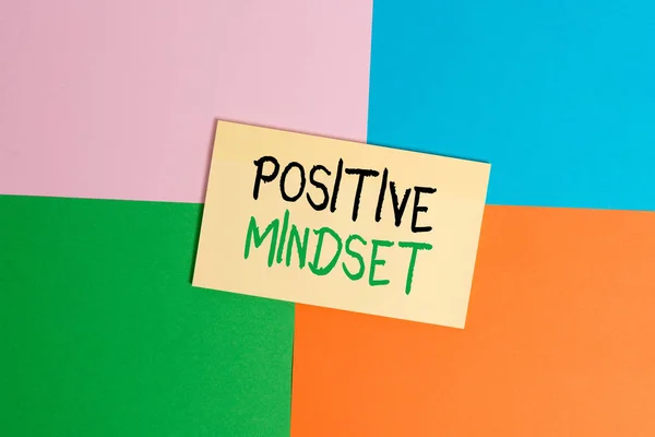 Text sign showing Positive Mindset. Conceptual photo mental attitude in wich you expect favorable results Office appliance colorful square desk study supplies empty paper sticker.