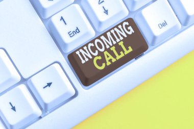 Word yazma metni Gelen Çağrı. Gelen Alınan Arayan Kimliği Telefon Sesli Mesaj Vidcall Beyaz pc klavye için iş konsepti beyaz arka plan tuşu kopyalama alanı üzerinde boş not kağıdı ile.