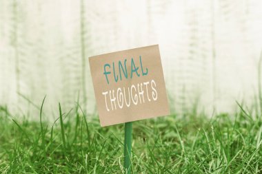 Son Düşünceleri gösteren bir not yazmak. Sonuç içinde sonuç veya son birkaç cümle vitrine İş fotoğraf Düz kağıt sopa bağlı ve çimenli arazi yerleştirilir.