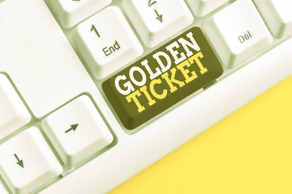 Word writing text Golden Ticket. Business concept for Rain Check Access VIP Passport Box Office Seat Event White pc keyboard with empty note paper above white background key copy space.