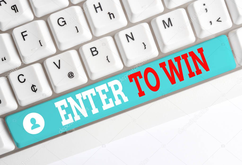 Word writing text Enter To Win. Business concept for exchanging something value for prize or chance of winning White pc keyboard with empty note paper above white background key copy space.