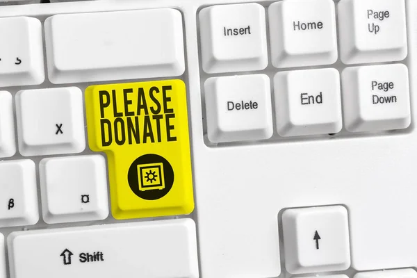 Handwriting text Please Donate. Concept meaning Supply Furnish Hand out Contribute Grant Aid to Charity White pc keyboard with empty note paper above white background key copy space.