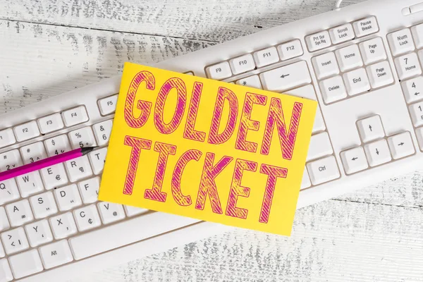 Text sign showing Golden Ticket. Conceptual photo Rain Check Access VIP Passport Box Office Seat Event White keyboard office supplies empty rectangle shaped paper reminder wood.
