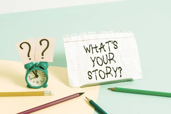 Manuscrito texto escrito What S Is Your Storyquestion. Conceito significado analisador de perguntar demonstrando sobre eventos da vida passada . — Fotografia de Stock
