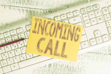 Text sign showing Incoming Call. Conceptual photo Inbound Received Caller ID Telephone Voicemail Vidcall White keyboard office supplies empty rectangle shaped paper reminder wood. clipart