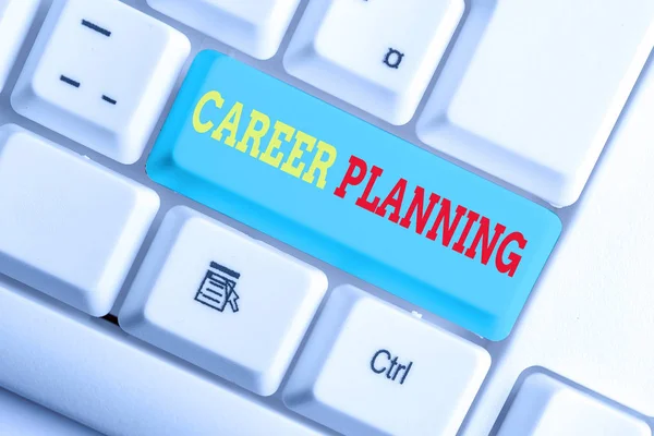 Text sign showing Career Planning. Conceptual photo Strategically plan your career goals and work success White pc keyboard with empty note paper above white background key copy space.