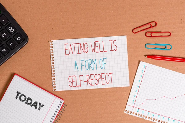 Writing note showing Eating Well Is A Form Of Self Respect. Business photo showcasing a quote of promoting healthy lifestyle Cardboard notebook office study supplies chart paper.