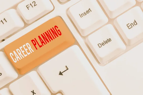 Handwriting text writing Career Planning. Concept meaning Strategically plan your career goals and work success White pc keyboard with empty note paper above white background key copy space.