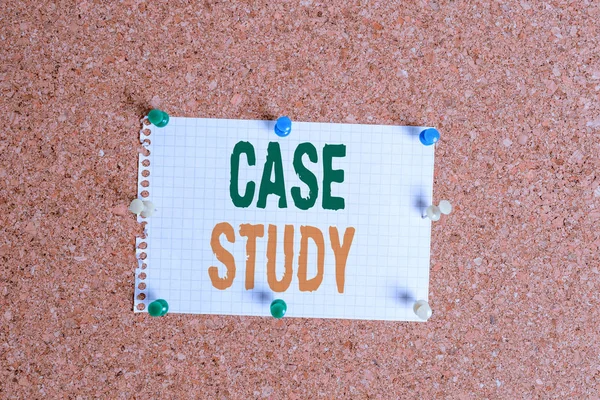 Writing note showing Case Study. Business photo showcasing analysis and a specific research design for examining a problem Corkboard size paper thumbtack sheet billboard notice board.