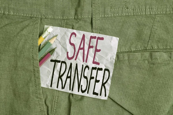Conceptual hand writing showing Safe Transfer. Business photo text Wire Transfers electronically Not paper based Transaction Writing equipment and purple note paper inside pocket of trousers.