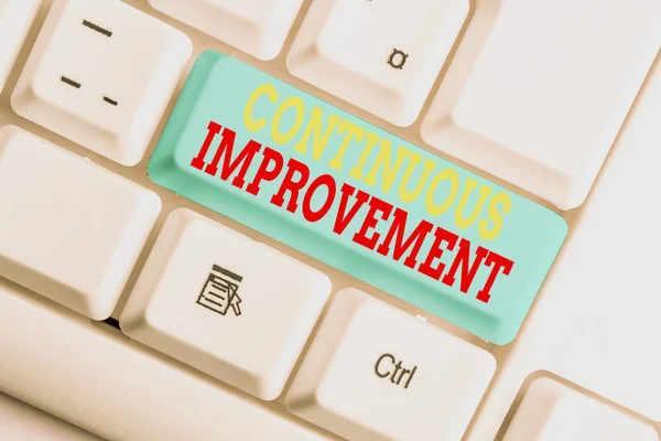 Text sign showing Continuous Improvement. Conceptual photo ongoing effort to improve products or processes White pc keyboard with empty note paper above white background key copy space.