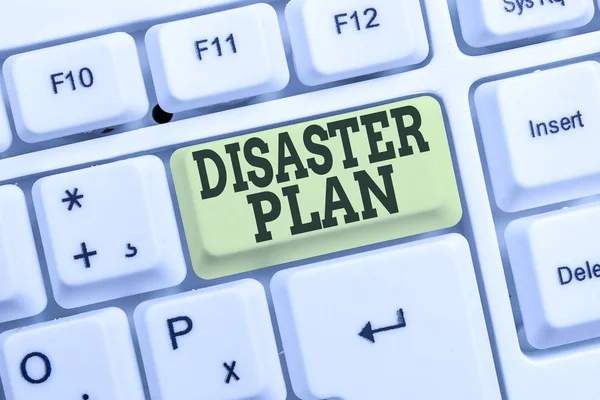 Conceptual hand writing showing Disaster Plan. Business photo text Respond to Emergency Preparedness Survival and First Aid Kit White pc keyboard with note paper above the white background. — Stock Photo, Image