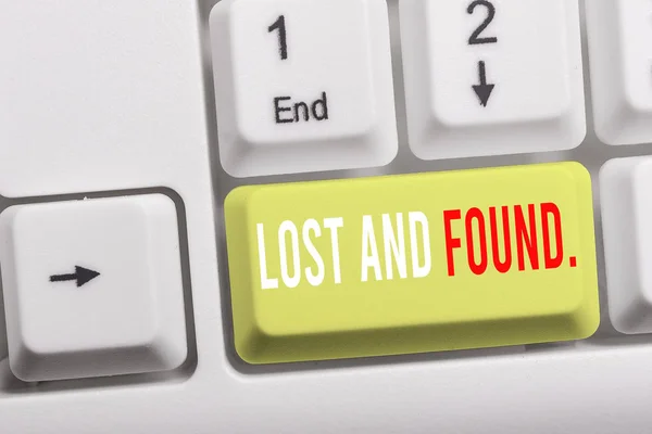 Writing note showing Lost And Found. Business photo showcasing a place where lost items are stored until they reclaimed White pc keyboard with note paper above the white background.