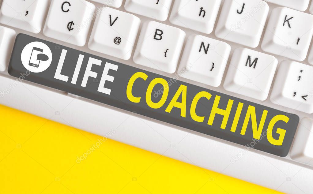 Conceptual hand writing showing Life Coaching. Business photo text Improve Lives by Challenges Encourages us in our Careers White pc keyboard with note paper above the white background.