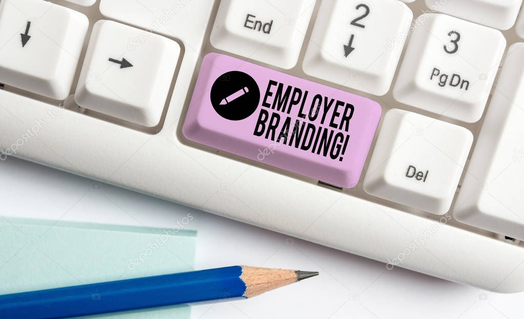 Handwriting text Employer Branding. Concept meaning promoting company employer choice to desired target group White pc keyboard with empty note paper above white background key copy space.