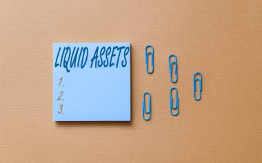 Writing note showing Liquid Assets. Business photo showcasing Cash and Bank Balances Market Liquidity Deferred Stock Colored blank sticky note clips gathered trendy cool pastel background. clipart