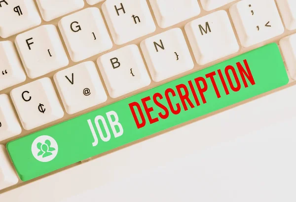 Writing note showing Job Description. Business photo showcasing a formal account of an employee s is responsibilities White pc keyboard with note paper above the white background. — Stock Photo, Image