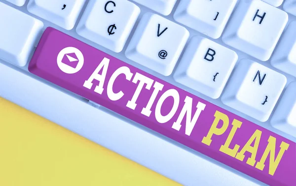 Texte textuel Plan d'action. Concept d'entreprise pour un plan détaillé décrivant les actions nécessaires pour atteindre les objectifs ou la vision Clavier pc blanc avec papier de note vide au-dessus de l'espace de copie de clé de fond blanc . — Photo