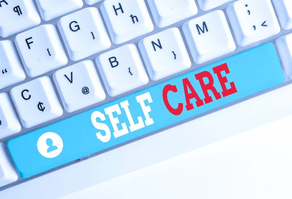 Word writing text Self Care. Business concept for the practice of taking action to improve one s is own health White pc keyboard with empty note paper above white background key copy space. — Stock Photo, Image