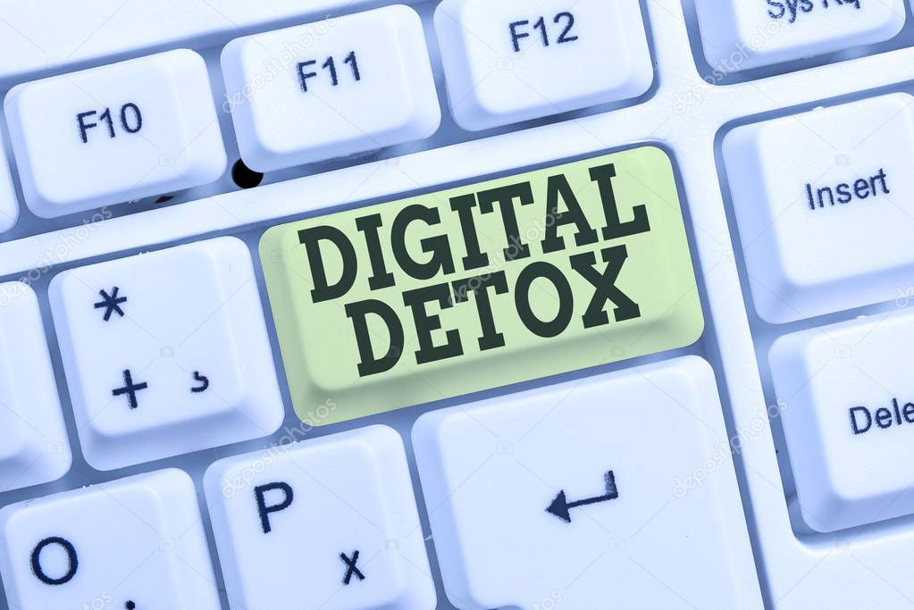 Conceptual hand writing showing Digital Detox. Business photo text Free of Electronic Devices Disconnect to Reconnect Unplugged White pc keyboard with note paper above the white background.